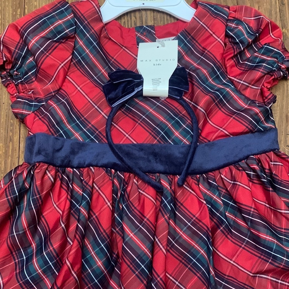 Max Studio Girl's Red Tartan Plaid Holiday Christmas Dress & Headband NEW 8